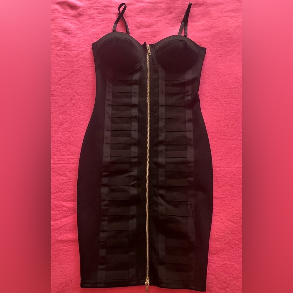 Black dress with gold zipper and bra cup, size small